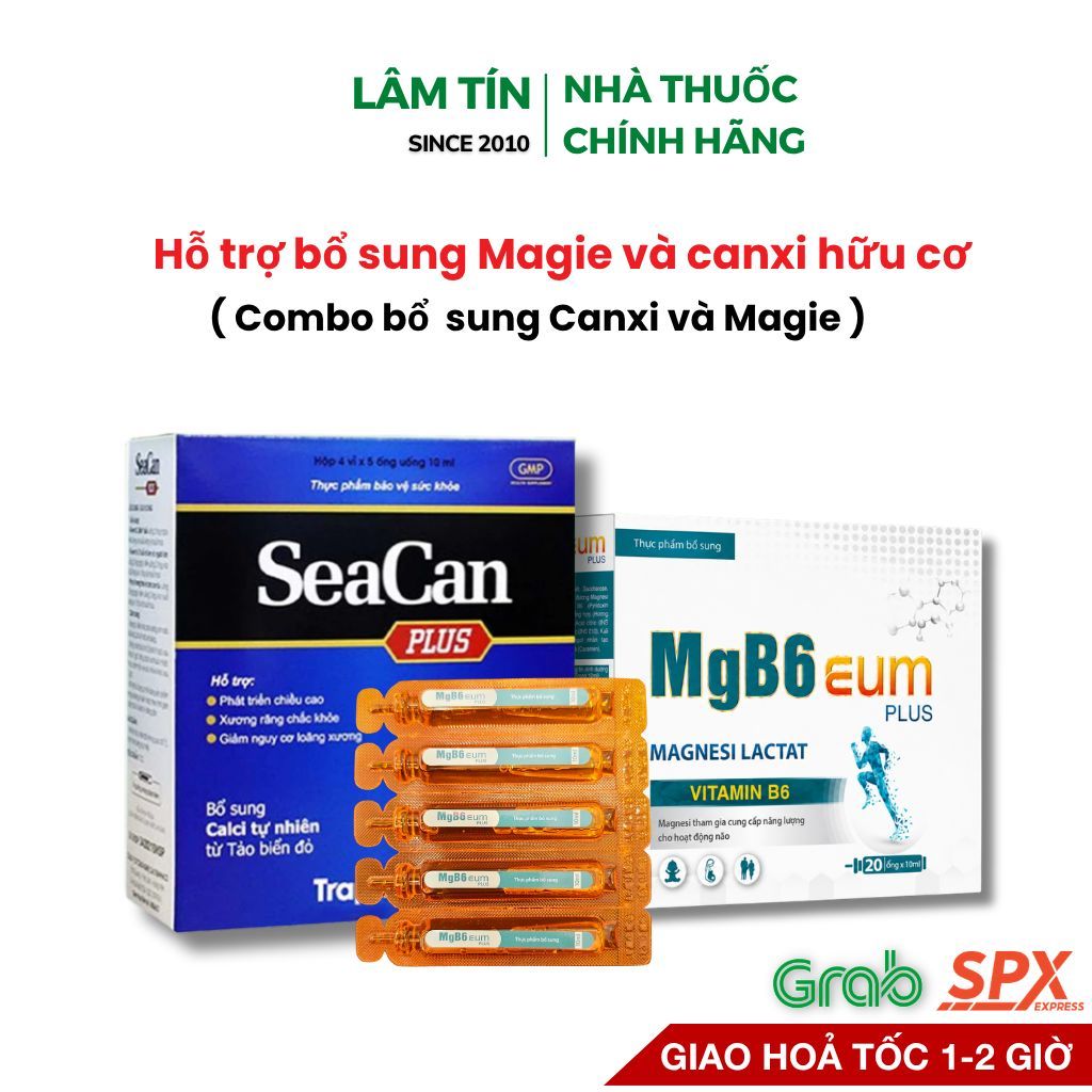 Combo Seacan Plus và Magie B6 EUM bổ sung canxi và magine giảm trằn trọc cho bé ống uống Hộp 20 ống