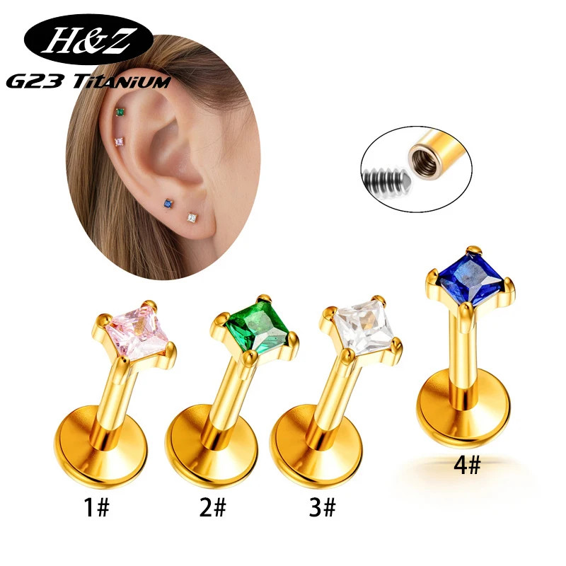 1PC G23 Titan Mini Vuông Zircon Labret Stud Tragus Sụn Flat Back Conch Forward Helix Stud Mũi Xuyên 