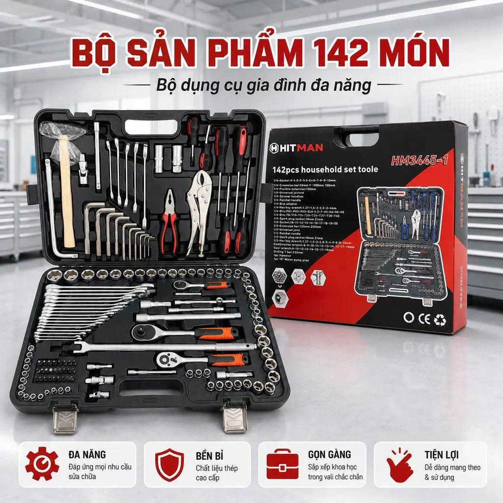 Bộ đồ nghề sửa chữa ô tô xe máy 142 chi tiết cao cấp HITMAN