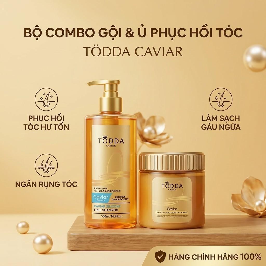 Bộ sản phẩm chăm sóc tóc TODDA Caviar: Dầu gội Caviar không chứa silicone và mặt nạ dưỡng tóc Caviar
