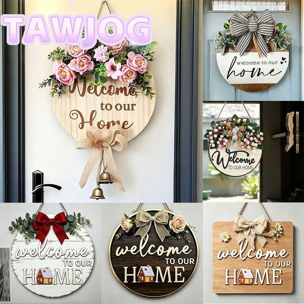 TAWJOG Dấu hiệu cửa gỗ, Hoa văn nơ Hoa văn biển chào mừng bằng gỗ, Vòng hoa cửa gỗ nguyên khối phẳng