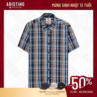 Áo sơ mi nam ngắn tay bamboo kháng khuẩn ARISTINO màu xanh tím than kẻ vàng  thời thượng và ấn tượng  - ASS074S3
