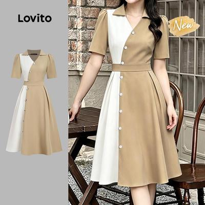 (New Arrival) Lovito Đầm thanh lịch màu sắc tương phản Khaki vải phối ghép cho nữ mùa xuân/hè DRB199P2D175