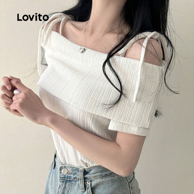 Áo thun Lovito phong cách thường ngày dây cột vai điều chỉnh mùa xuân/hè màu trắng cho nữ LK2AD473