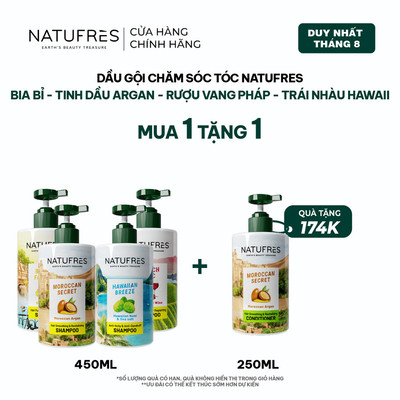 Dầu Gội Natufrès Hương Bia Bỉ/ Vang Đỏ Pháp/ Muối Biển và Trái Nhàu/ Tinh Dầu Argan 450ml