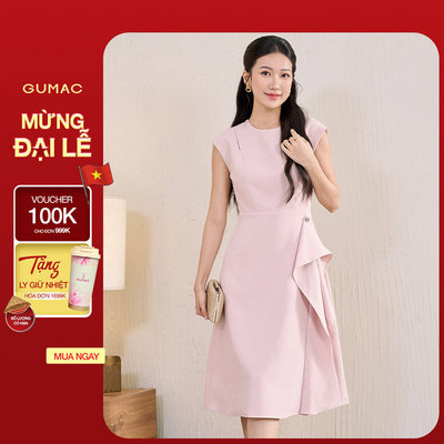 Đầm nữ GUMAC form A tùng cách điệu có túi cổ khoét đính nút tráng trí  DF06049