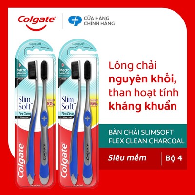 Bộ 4 bàn chải Colgate Slimsoft Flex Clean Charcoal nguyên khối than hoạt tính kháng khuẩn