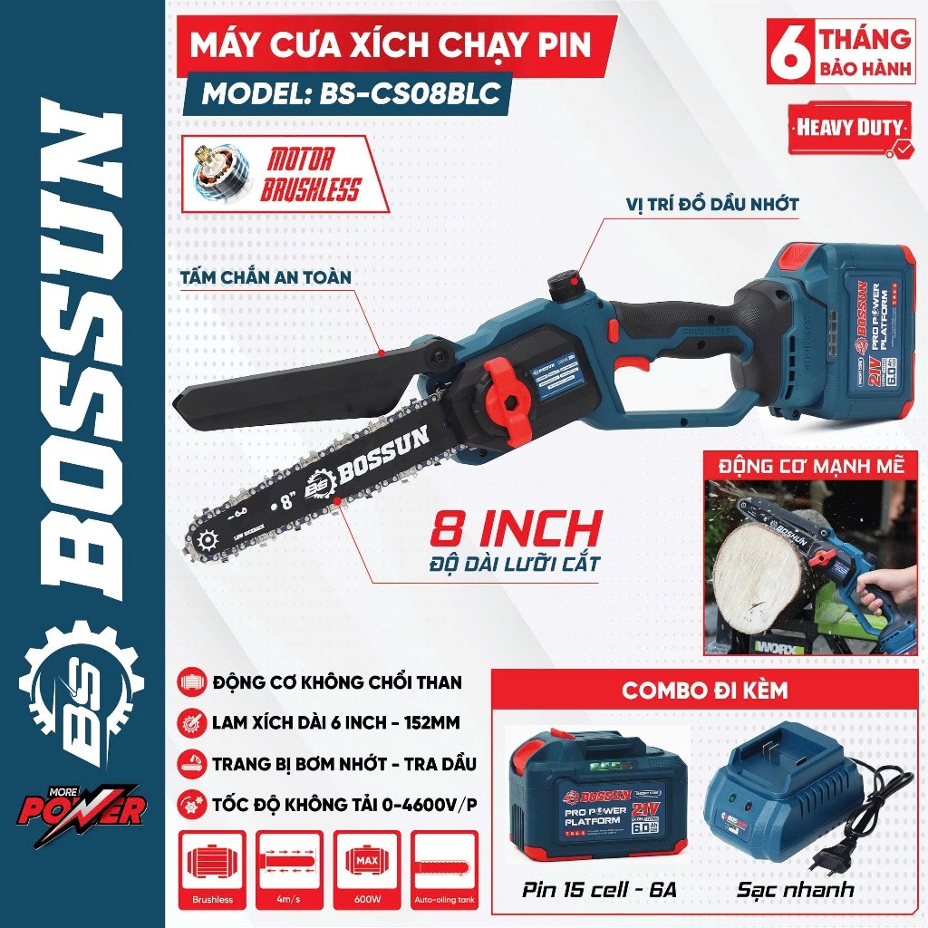 Máy Cưa Xích Dùng Pin BS BOSSUN BS-CS08BLC, Lam Xích 8inch - Có Tra Nhớt, - Không Chổi Than