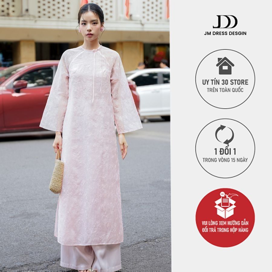 Áo dài Thanh Chi - Áo dài cổ tròn suông đính nơ cổ 2M07.2410OG, áo dài truyền thống thiết kế bởi JM 