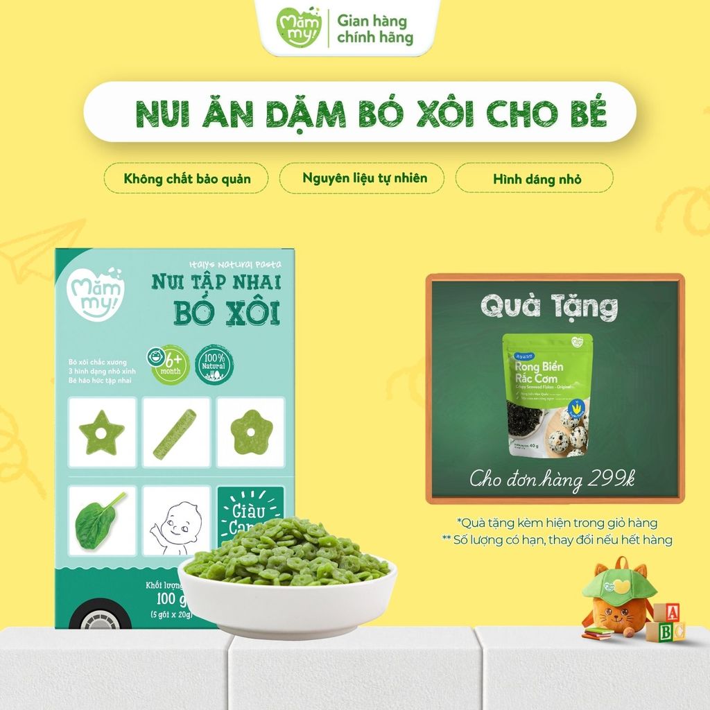 Nui ăn dặm cho bé Mămmy nui bó xôi mini giàu canxi cho bé mới tập nhai từ 6 tháng tuổi, hộp 100gram