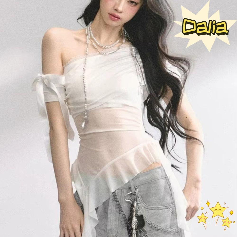DALIA Slant Vai Top, Ren Sheer Y2K Dạo Phố Ren Tank Top, Cổ Slant Slim Fit Bất Đối Xứng Không Đều To