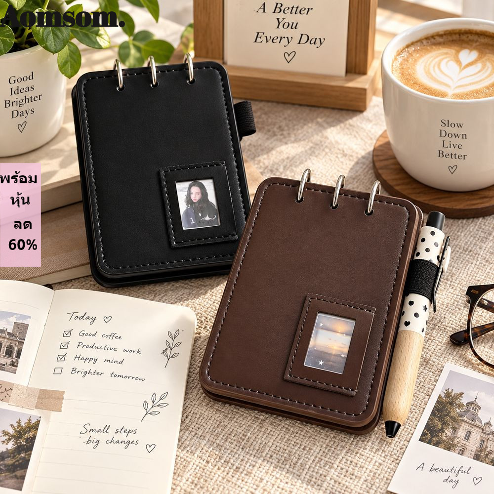 AOMSOM Da Notebook Cover, Da Có Thể Tháo Rời 3 Lỗ Chất Kết Dính Bao Da, Khe Cắm Ảnh Lật Bền 3 Lỗ Fli