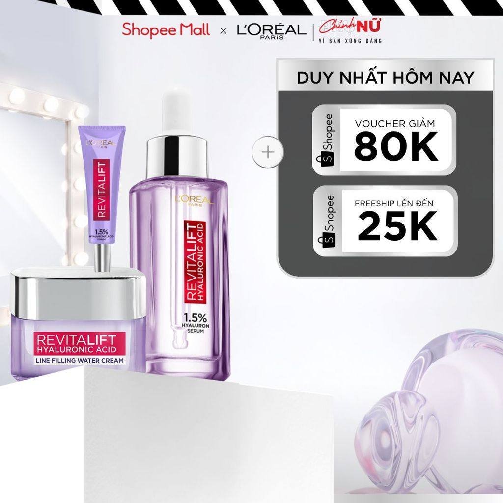 Bộ Serum Cấp Ẩm Sáng Da 30ml, 7.5ml và kem dưỡng 15ml siêu cấp ẩm giảm nếp nhăn L'Oreal Paris Revitalift Hyaluronic Acid