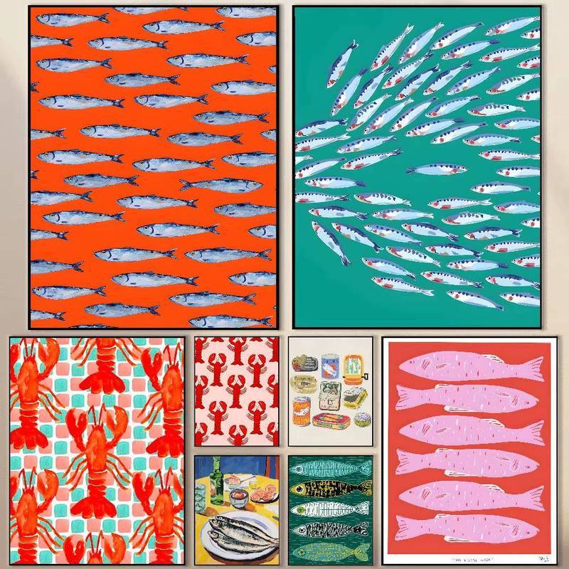 Cá mòi đầy màu sắc, tôm hùm, cá biển động vật hiện đại áp phích canvas nghệ thuật trang trí nhà thẩm