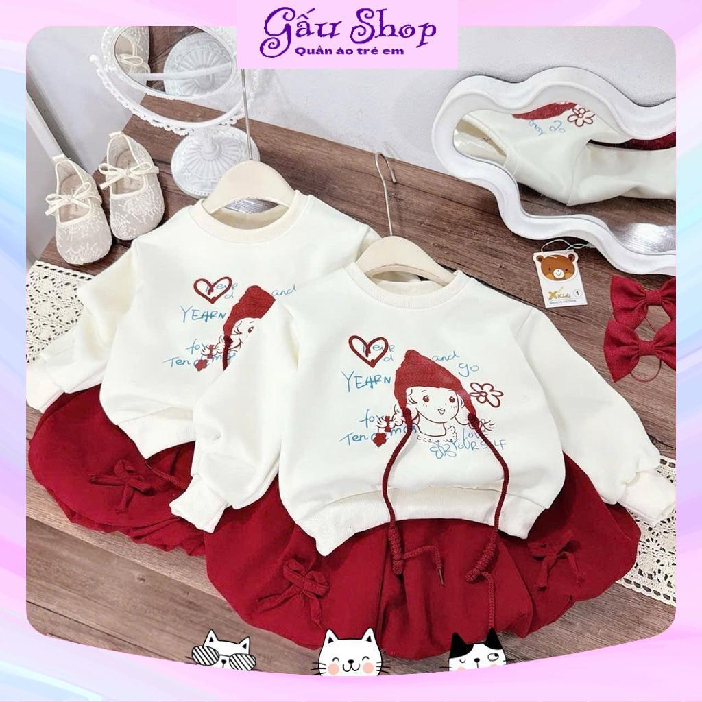 X218 - Set áo nỉ dài tay cô gái mũ đỏ kèm chân váy bí nơ cho bé gái