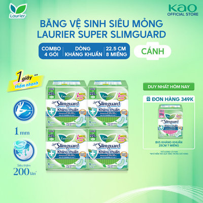 Combo 4 gói BVS Laurier Siêu Mỏng 1mm Kháng khuẩn 22.5cm 8 miếng