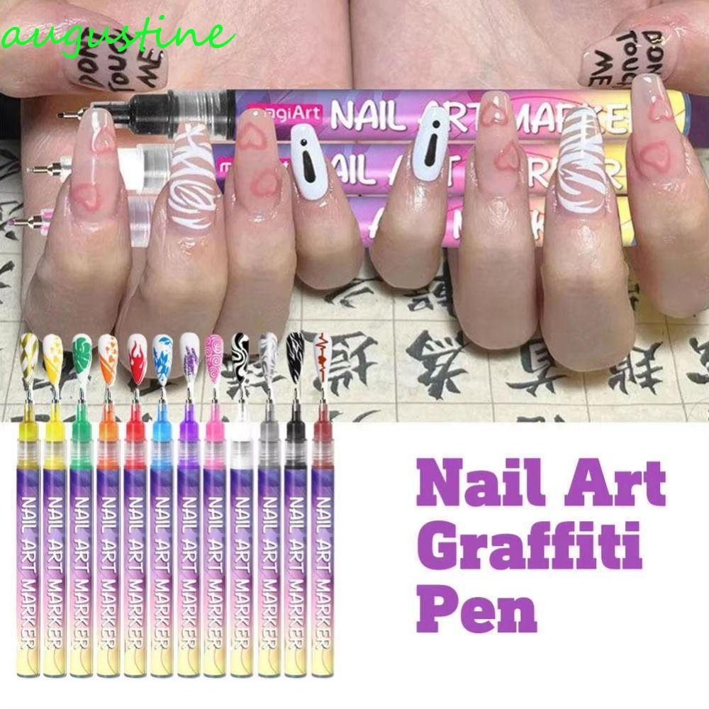 AUGUSTINE 3D Nail Art Pens DIY Set, 12 màu không thấm nước DIY Nail Art Marker, Chuyên nghiệp Trừu t