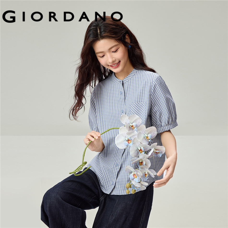 GIORDANO WOMEN Scalloped placket band collar checkered shirt 18346722