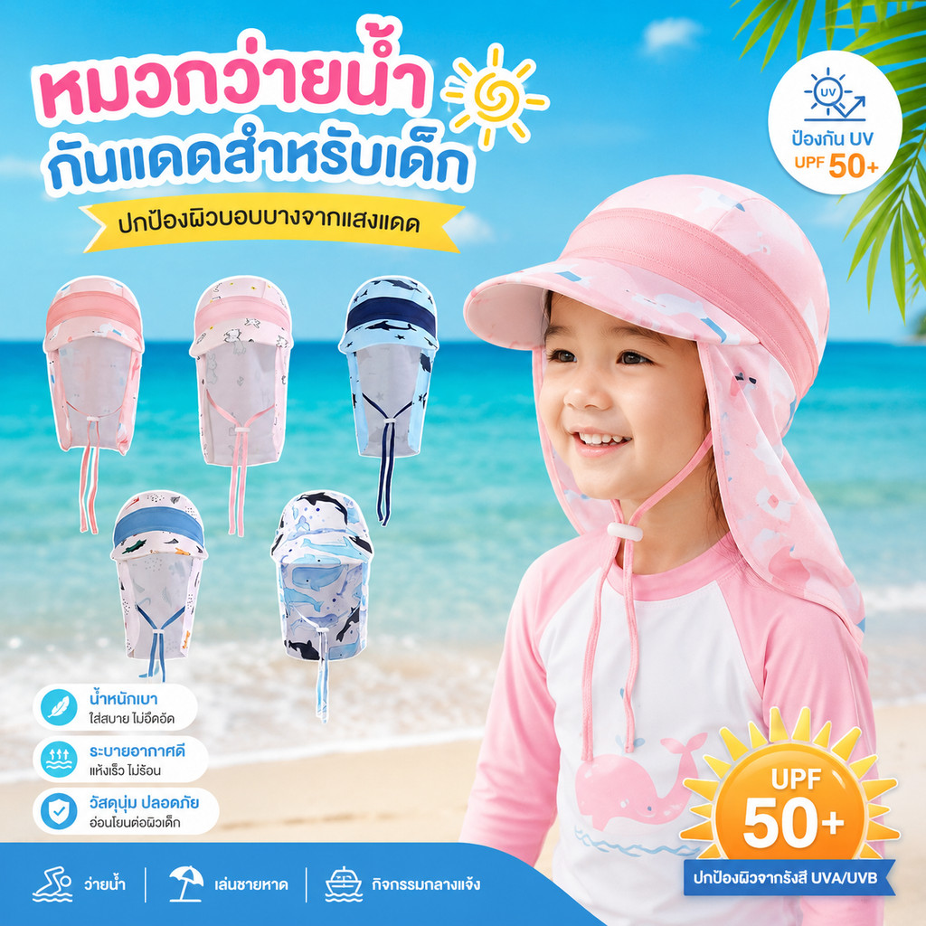 NK HOME Mũ bơi trẻ em Mũ che nắng Mặt trước cổ có dây rút ở cằm.