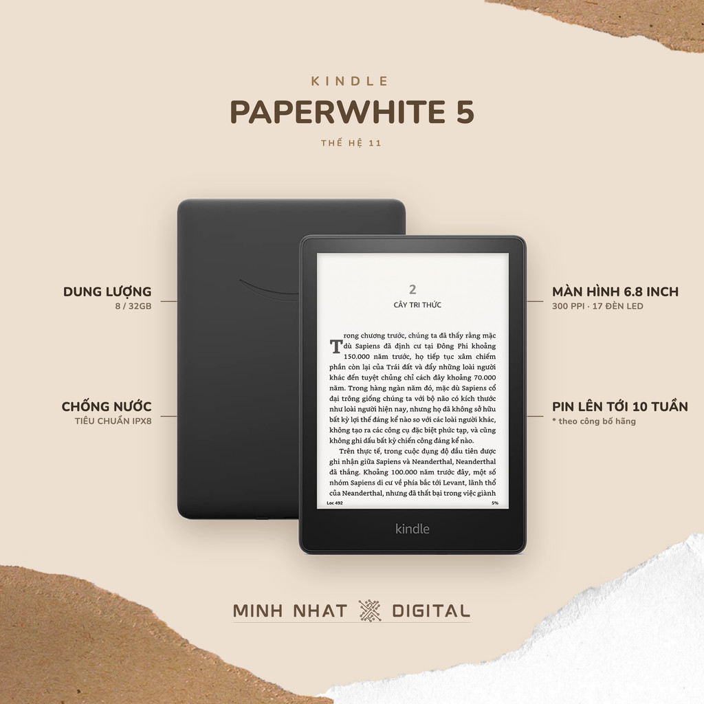 Máy đọc sách Kindle Paperwhite 5 (Tặng bao da hoặc ốp lưng) 6.8 inch chống nước đèn vàng - 11th Gen 