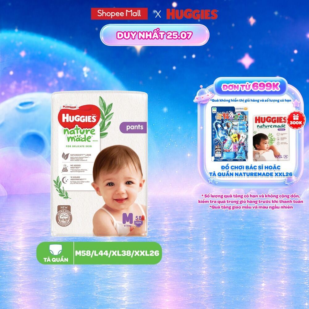 Tã/Bỉm quần Huggies NatureMade Platinum M58/L44/XL38/XXL26/XXXL28