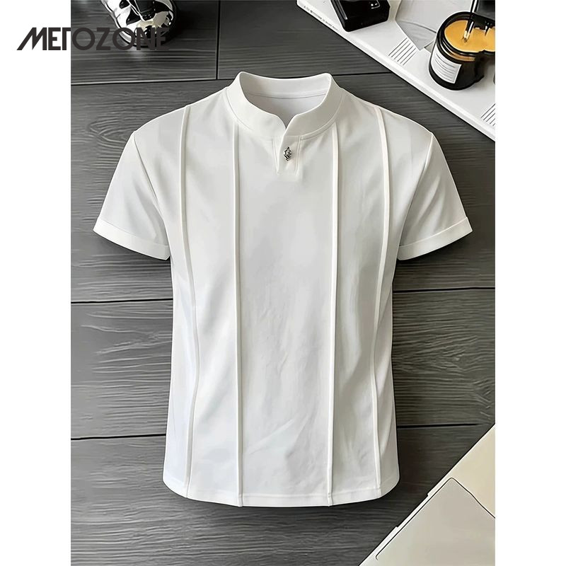 Áo thun ngắn tay MeTozone Old Money Style Áo thun đeo vai cổ Henry nặng