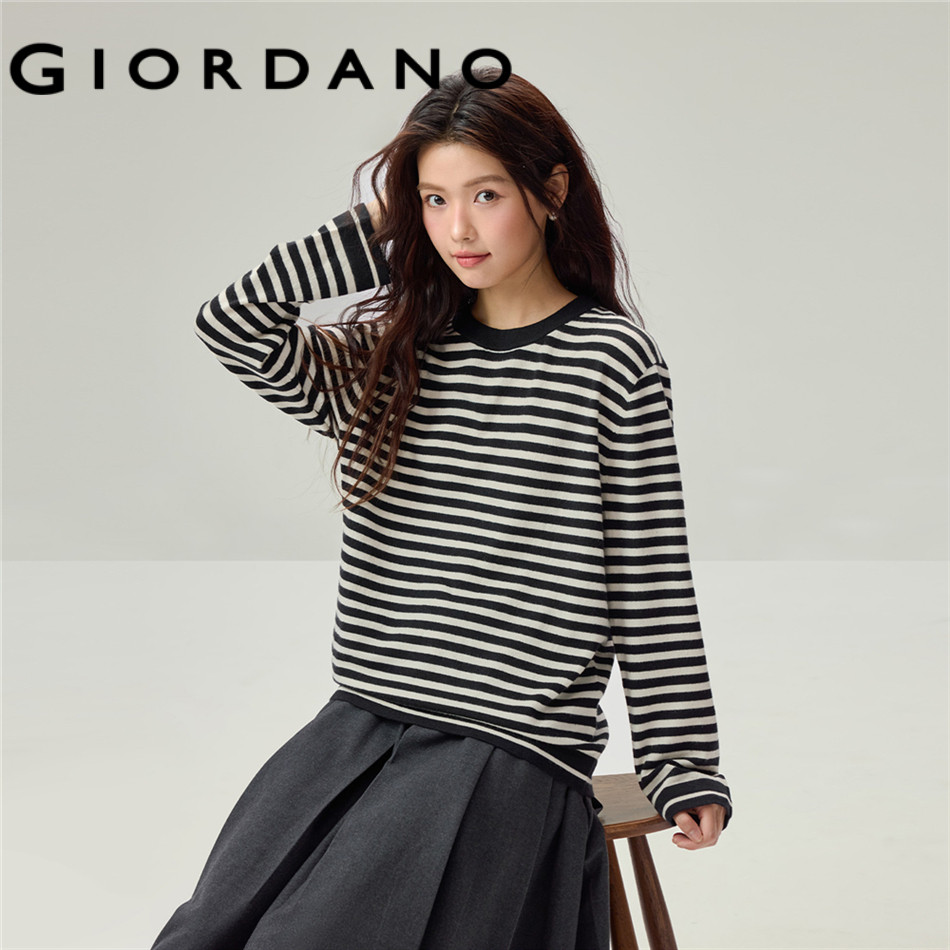 GIORDANO WOMEN Contrast crewneck striped sweater 13356657