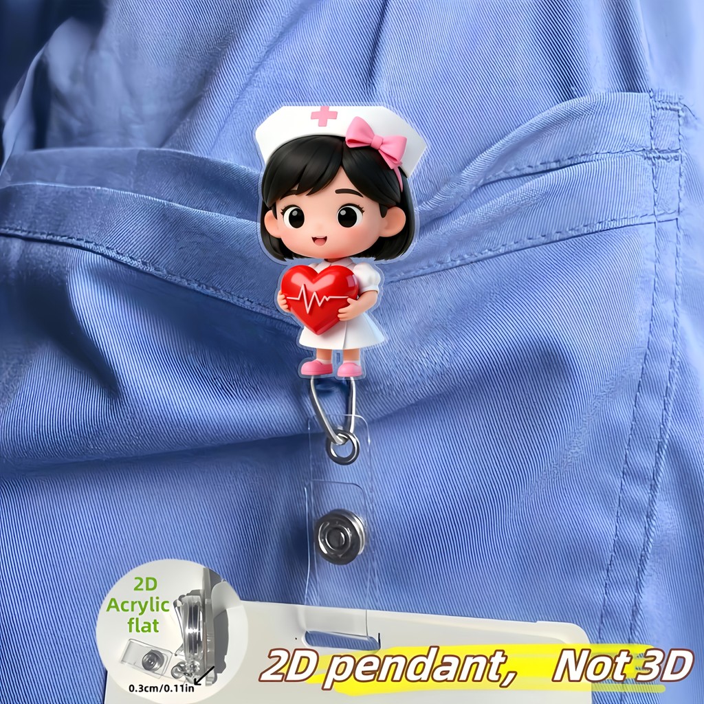 2D 2D Flat Little Nurse Holding a Heart-Shaped 2D Acrylic Retractable Badge Reel Nurse Badge Holder,