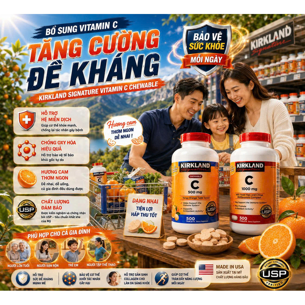Viên Uống Kirkland Signature Vitamin C 500mg & 1000mg (Hộp 500 Viên)