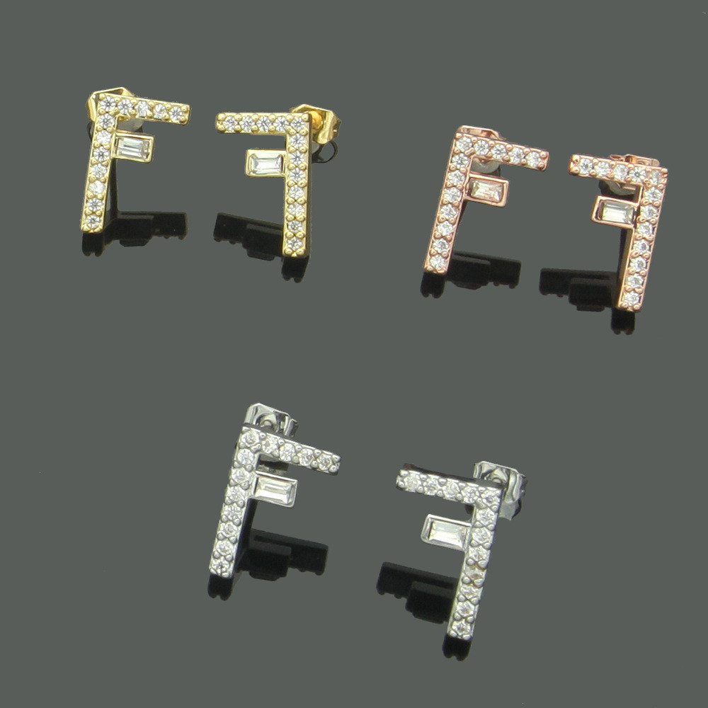1VAY Rectangular minimalist earrings with diamond letters and double diamond studs f Ladies f Full s