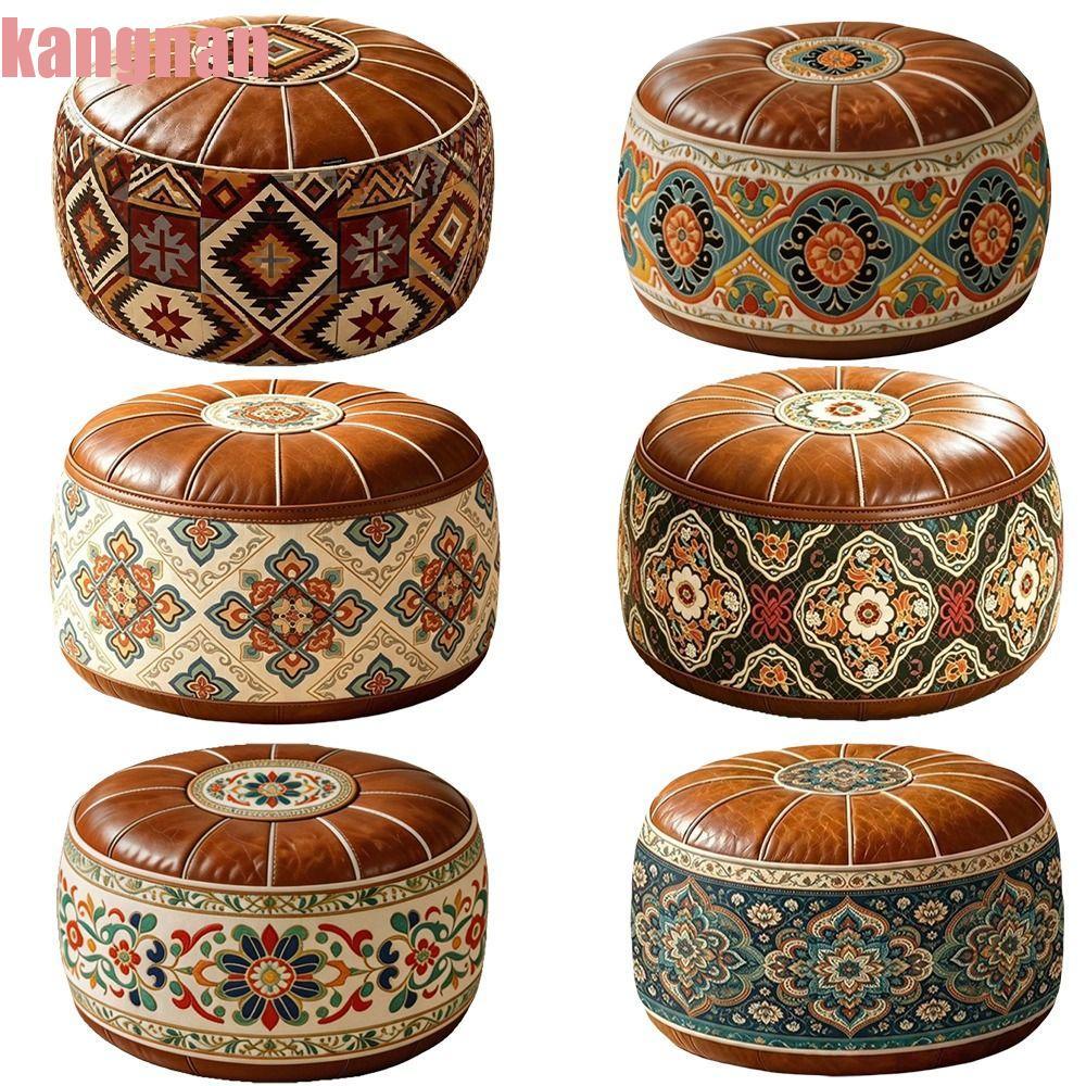 KANGN Ghế đẩu Ottoman tròn, Da PU Phong cách cổ điển Vỏ bệ chân, Hình tròn Họa tiết chim hình học có