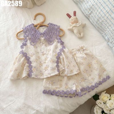 MINTSCLOSET Bộ Bé Gái Áo Không Tay Cổ Ren Tím Phối Quần Ngắn Hoa Nhí Mã GA2589 form xinh