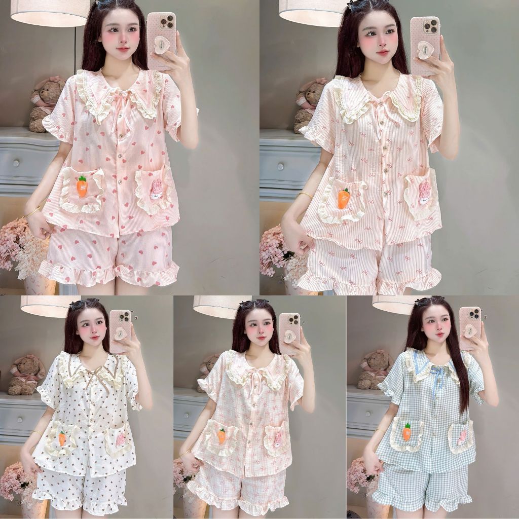 Đồ bộ Nữ JUSOKA Pijama Cổ Phối Nơ Chất Đũi Hàn Thoải mái Dễ Thương  Nhiều Họa Tiết Du66