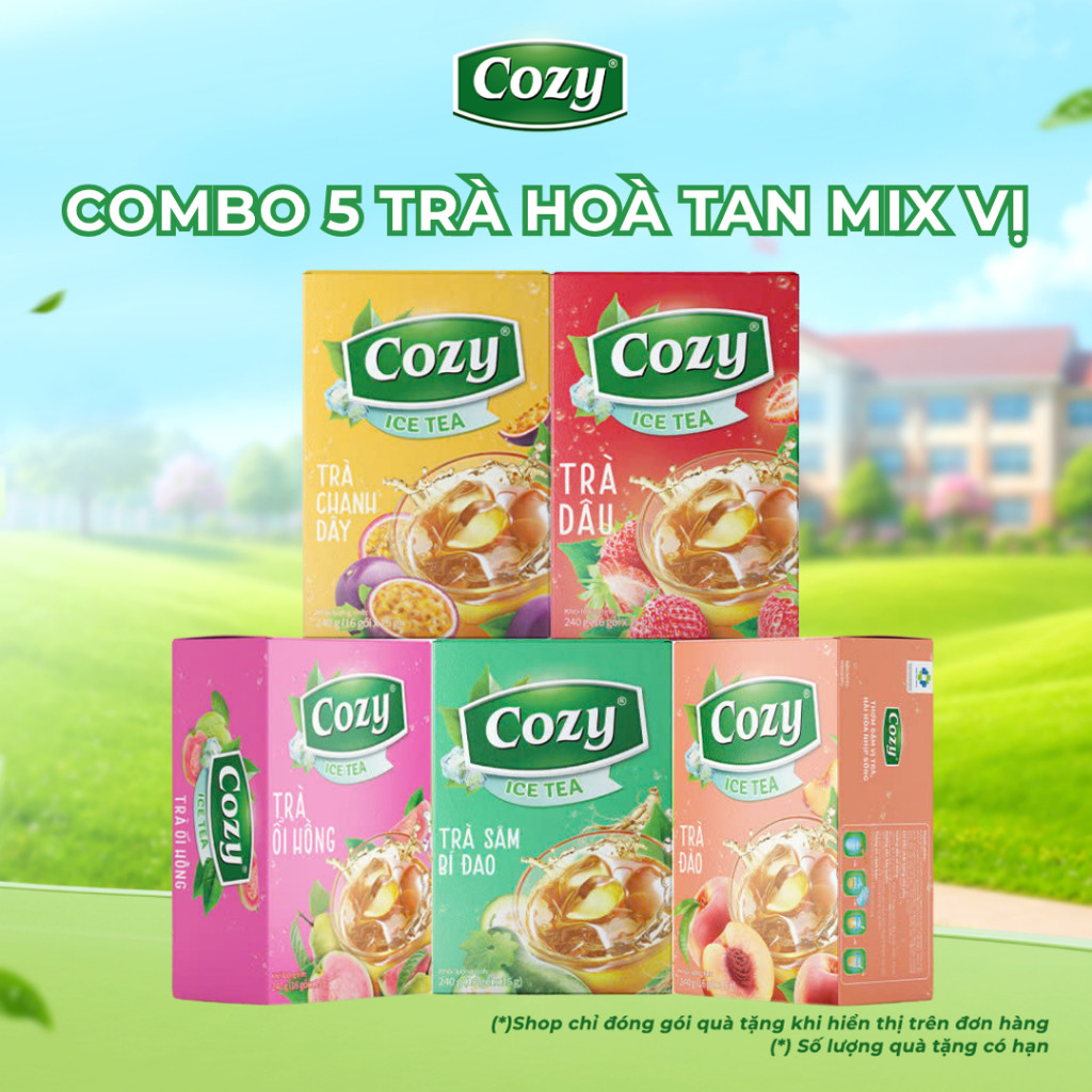 [COMBO 5] Hộp Trà Cozy Hòa Tan (5 hộp x 16gói) Vị Trà Đào, Trà Vải, Ổi Hồng, Chanh Dây, Trà Chanh Gi