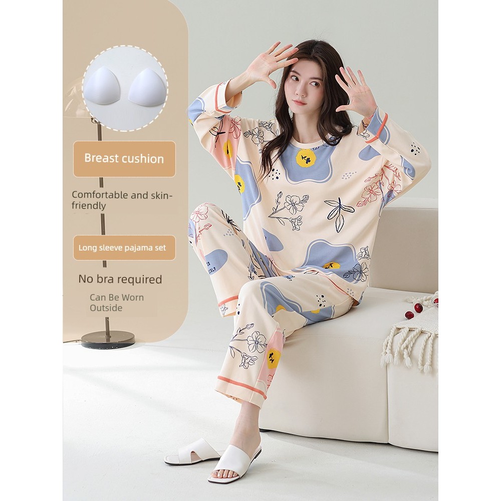 đồ bộ nữ đồ mặc nhà set xinh Đồ ngủ nữ mùa xuân thu 100% cotton dài tay có đệm ngực liền áo ngực khô
