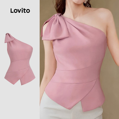 Áo nữ Lovito thanh lịch hồng xuân hè bất đối xứng hở vai nơ phong cách L178ED894