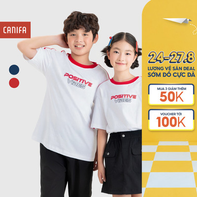 Áo phông unisex trẻ em CANIFA áo thun 100% cotton cộc tay phối màu in họa tiết 3TS26S007