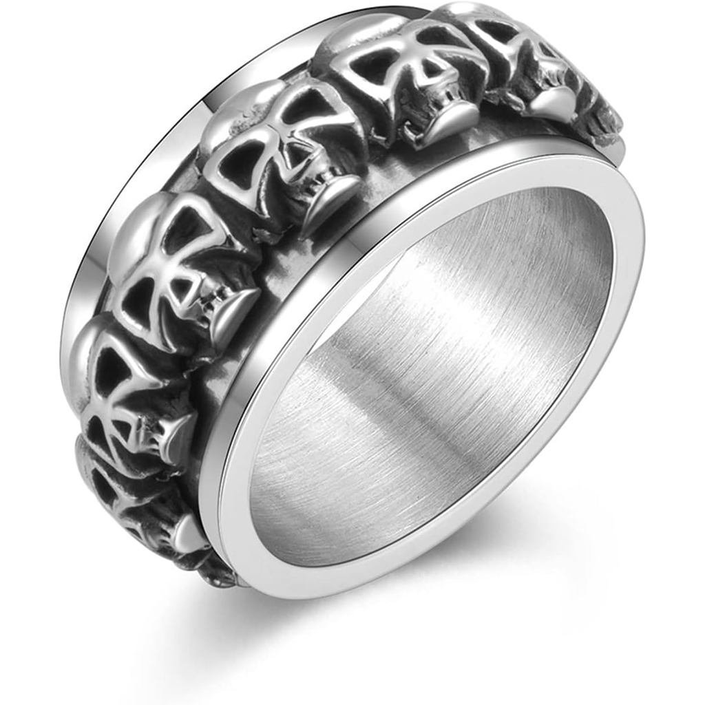 Mens Stainless Steel Fidget Rings, Rotating Skull Rings for Anxiety, Fidget Rings for Anxiety for Wo