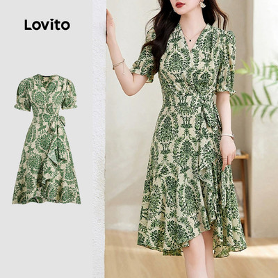 Đầm Lovito Kỳ nghỉ xếp nếp phong cách dân tộc màu xanh lá cây mùa xuân/hè cho nữ L138ED030