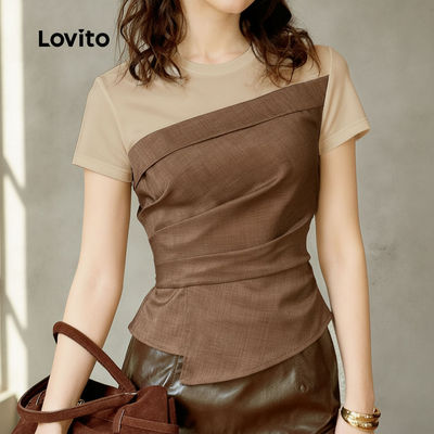 Lovito thanh lịch Áo kiểu nữ phối màu thiết kế may vải thời trang xuân hè L170ED120