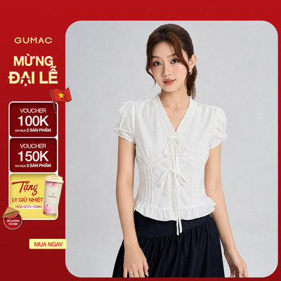 Áo Kiểu Nữ Gmorning - GUMAC Form Ôm Cổ V Nhún Ngực Phối Viền Ren Dịu Dàng Sang Trọng YAG06005
