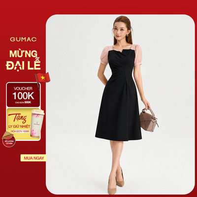 Đầm Nữ GUMAC Form A Xếp Ly Tay Phồng Phối Tơ Nữ Tính Hiện Đại LDE0701