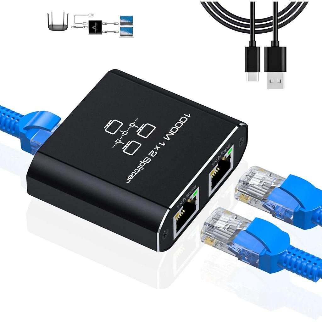 LIEZHUA Gigabit Ethernet Splitter 1 to 2 - Network Splitter with USB Power Cable, RJ45 Internet Adap
