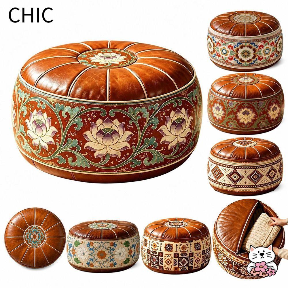 CHIC Storage Ottoman, Họa Tiết Thêu Da PU Có Thể Lấp Đầy Ottoman Pouf, Hình Tròn Phong Cách Ma-rốc Đ