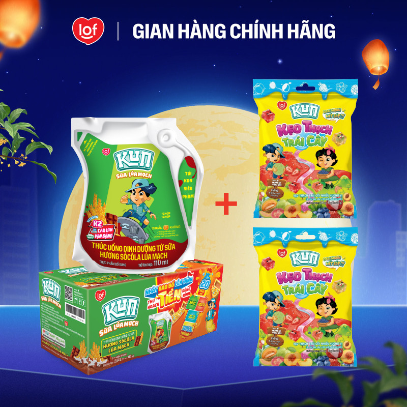 Combo 1 thùng sữa KUN túi và 2 túi kẹo thạch trái cây KUN nhiều hương vị