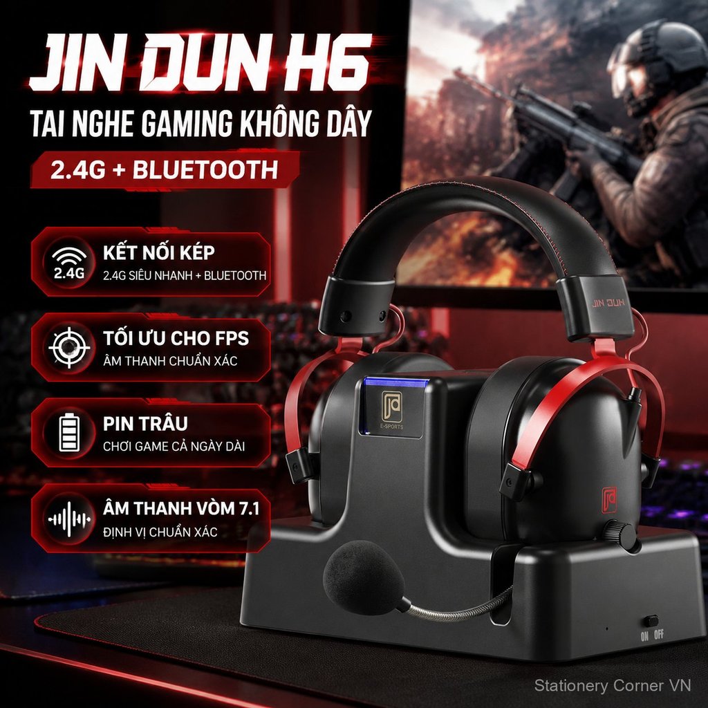 Tai nghe Bluetooth chụp đầu JinDun H6 2.4G chơi game FPS pin lâu bền đẹp