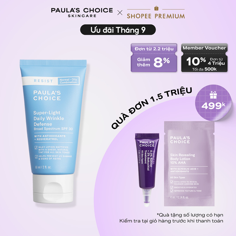 Kem chống nắng nâng tone cấp ẩm Paula's Choice Resist Super-Light Daily Wrinkle Defense Broad Spectr