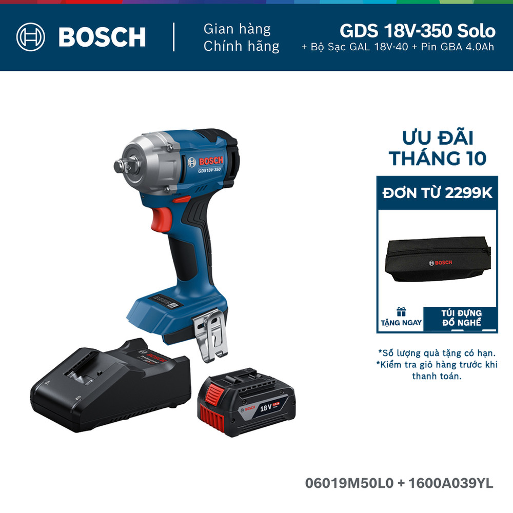 Máy siết ốc dùng pin Bosch GDS 18V-350 Solo + Bộ Sạc GAL 18V-40 và 1 Pin GBA 4.0Ah MỚI