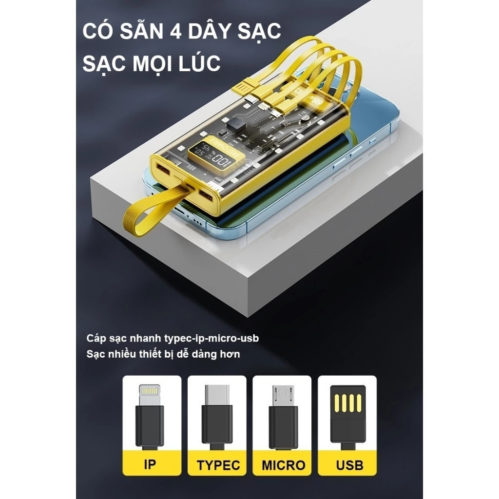 Sạc Dựng Phòng Trong Suốt 50000mAh Với 2 Cổng Sạc Nhanh 22.5w và PD 20W Kèm 4 Đầu Sạc Màn Hình LED- DL Tech | BigBuy360 - bigbuy360.vn