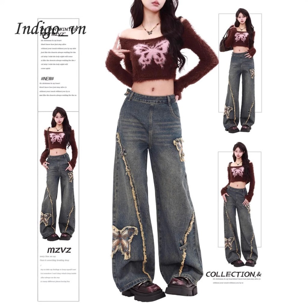 【Indigo】 Bướm Thêu Bên Hông Dây Kéo Quần Jean Nữ Quần Ống Rộng Quần Lau Thẳng